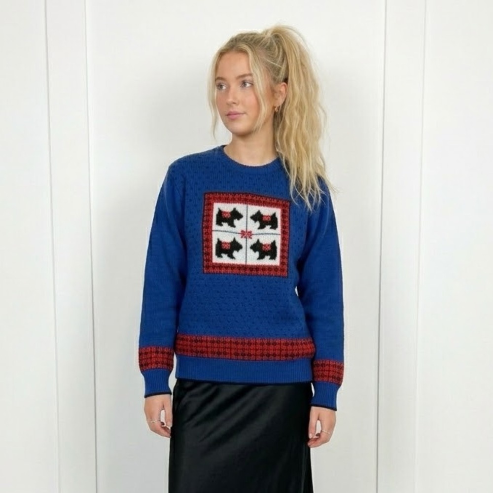 Vintage Scottie Dog Sweater Small Blue Scottish Terrier Dog Novelty Graphic Knit - Picture 2 of 11